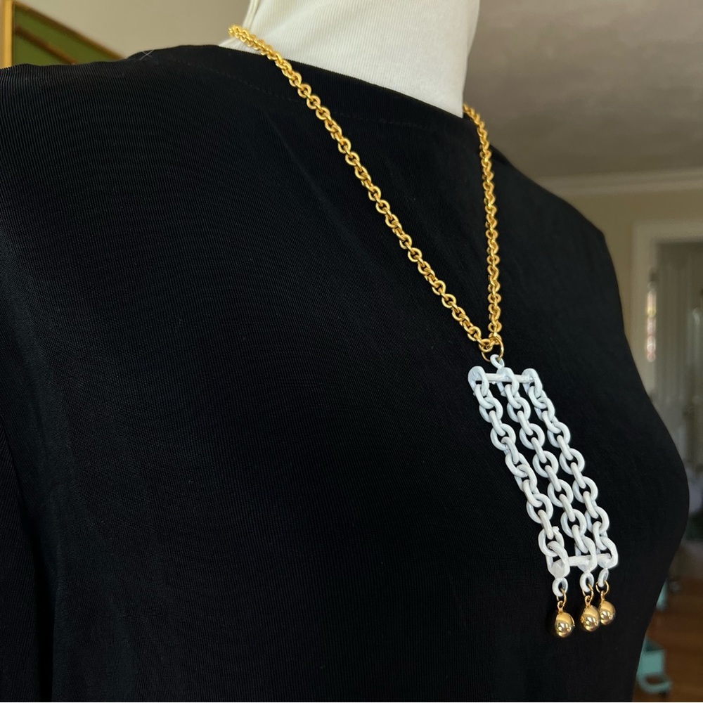 Vintage 60s Roget Necklace Gold White Metal Modernist MCM Pendant Chain - Picture 7 of 8